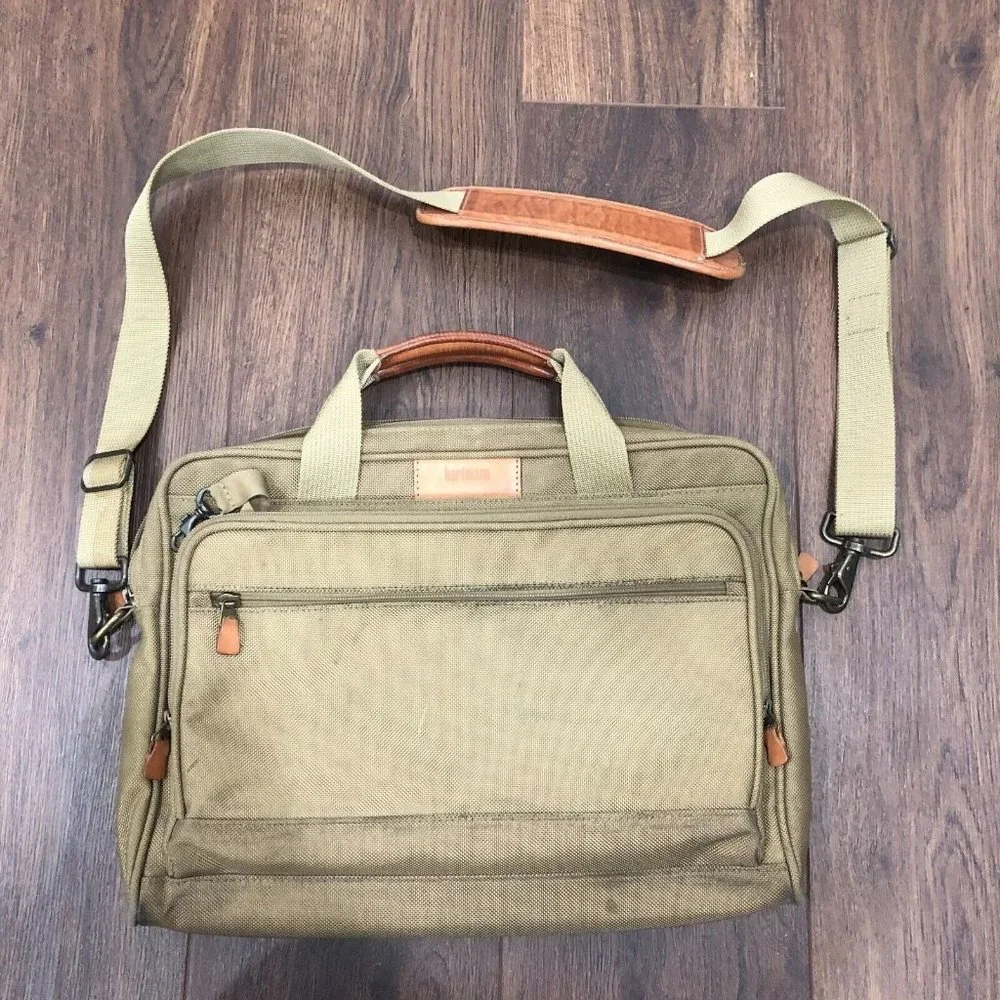 Hartmann Laptop Bag Nylon Tan Brown Leather Trim Shoulder Strap Crossbody